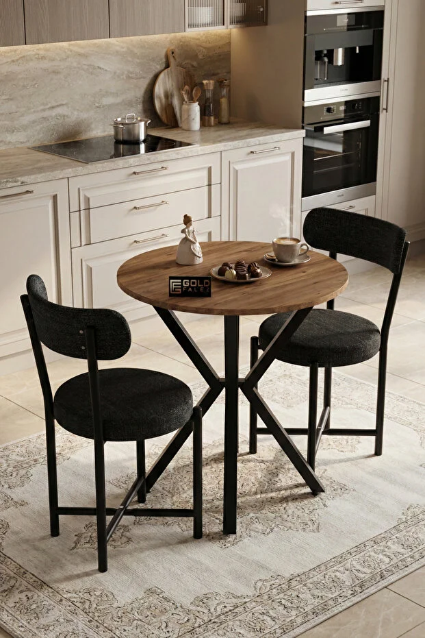 Mutfak Masası 70 Çap Yuvarlak 2 Sandalyeli Masa Takımı Modern Bahçe Balkon Cafe Teddy Antrasit